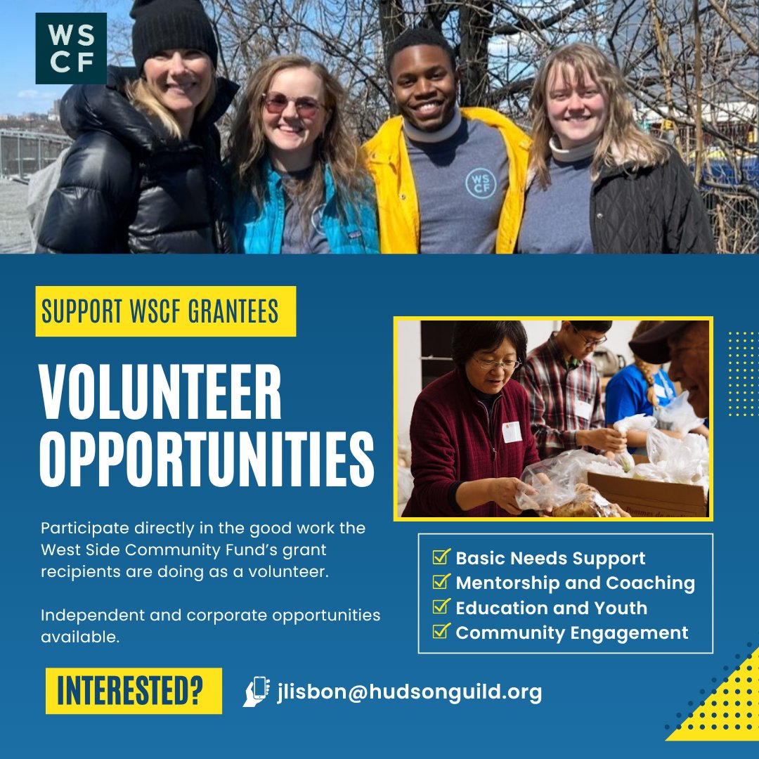 Support WSCF grantees as a volunteer!

For a range of independent and corporate volunteer opportunities, including basic needs support, mentorship and coaching, education and youth, and community engagement, please contact jlisbon@hudsonguild.org.