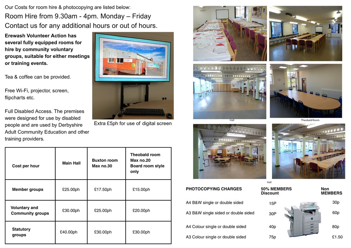 Room Hire Available
Erewash Volunteer Action offers several fully equipped rooms for hire, ideal for community and voluntary groups. Our spaces are suitable for meetings, training sessions, and other group events.