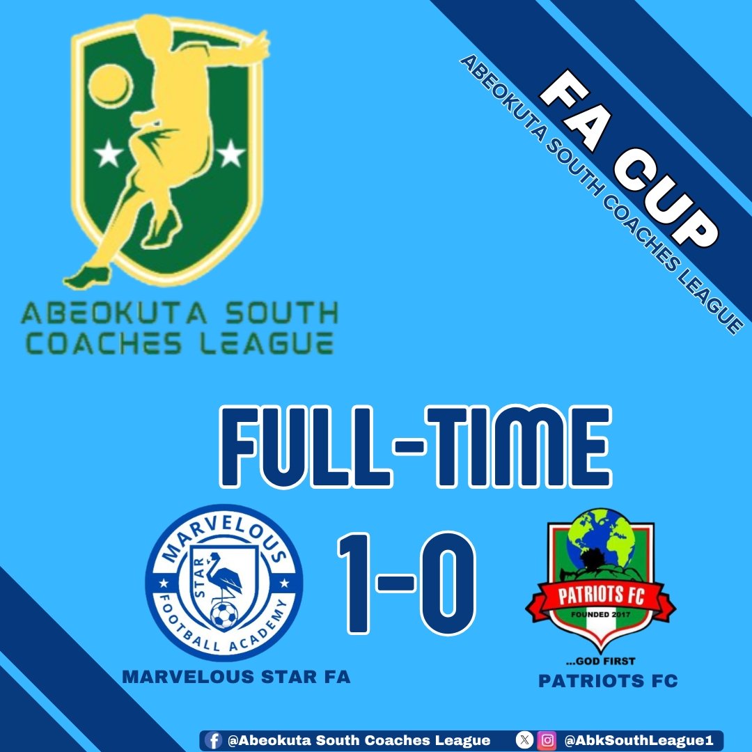 AbkSouthLeague1's tweet photo. 🚨Abeokuta South Coaches League 2025 FA CUP (SEMI-FINAL)
THURSDAY RESULTS
#ASCL25 #ASCLFACUP25 #Grassrootfootball #Ogunstatefootball https://t.co/nvEAzLzb2e