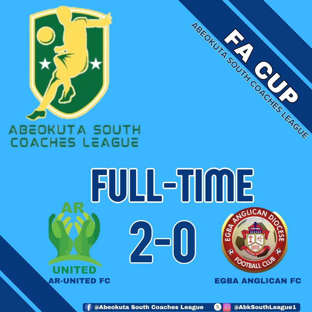 AbkSouthLeague1's tweet photo. 🚨Abeokuta South Coaches League 2025 FA CUP (SEMI-FINAL)
THURSDAY RESULTS
#ASCL25 #ASCLFACUP25 #Grassrootfootball #Ogunstatefootball https://t.co/nvEAzLzb2e