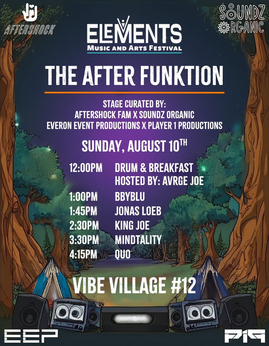 💥Here is this years lineup for the After Funktion Soundcamp hosted by Aftershock Fam, Player 1 Productions, Ever One Event Productions and Soundz Organic 🌙

❗️Day activities will be held on Thursday and Sunday, with late night programming taking place on Friday and Saturday!🔊