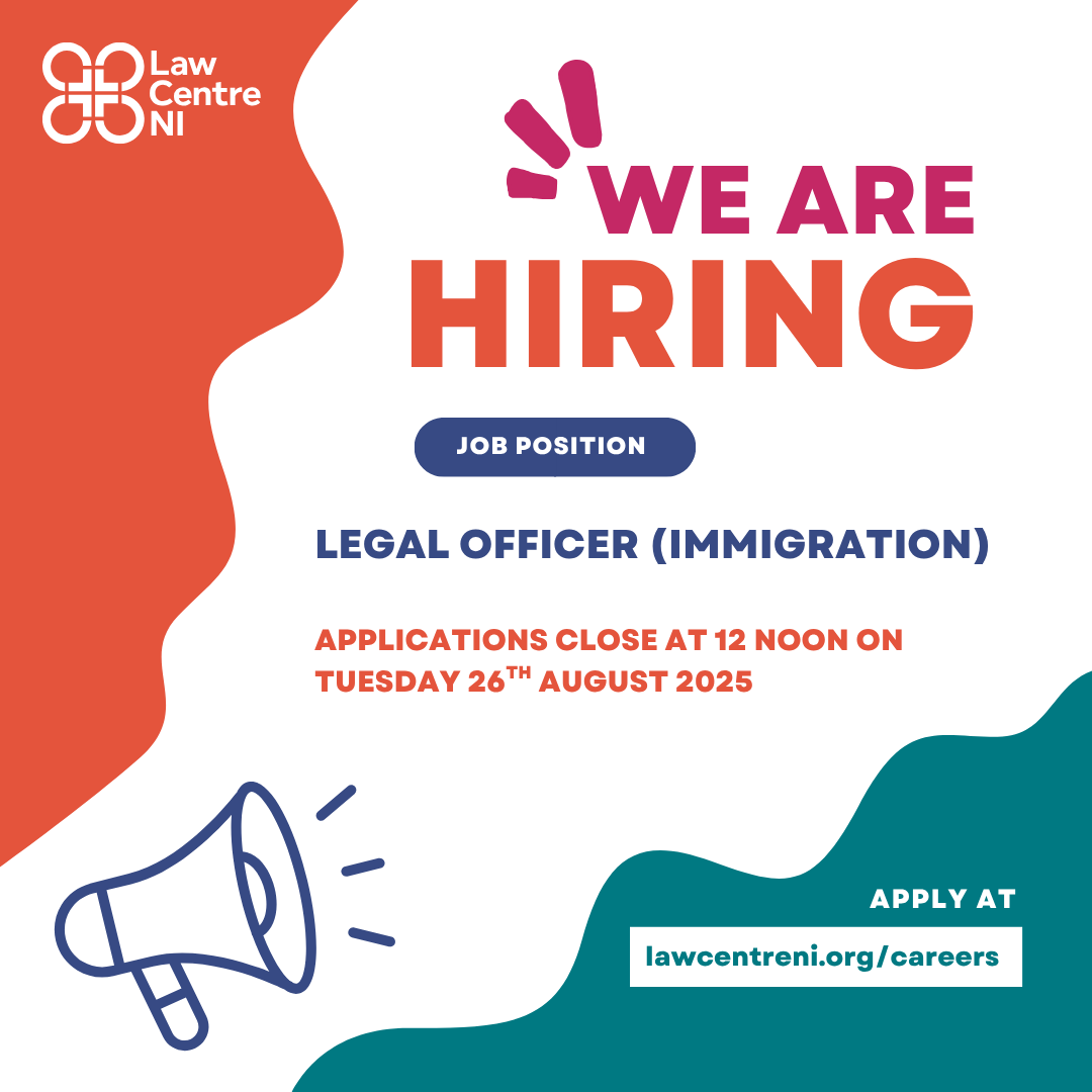 ‼️We are hiring for a Legal Officer (Immigration) to join our team at Law Centre NI‼️

Applications close on Tuesday 26th August 2025 at 12 noon. ⏰

For more information on this role and how to apply, please visit our website: lawcentreni.org/about-us/caree…