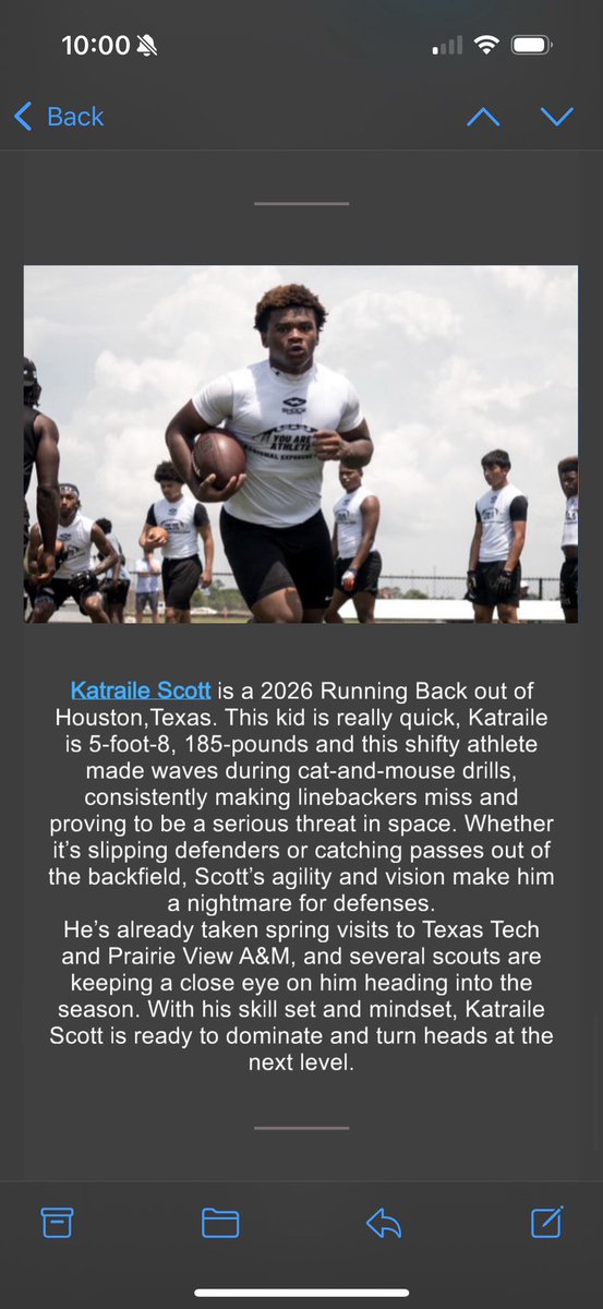 Katraile Scott RB ⭐️ (@katsco1_) on Twitter photo Thank You, <a href="/youareathlete/">You Are Athlete</a> for the Athlete-Analysis mail.
<a href="/PrepRedzoneTX/">Prep Redzone Texas</a> <a href="/sixstarfootball/">Six Star Football | PLUS+</a> <a href="/dctf/">Dave Campbell's — TexasFootball.com</a> <a href="/CoachAllgood/">Coach Allgood</a> <a href="/CoachTOliver1/">Tyson Oliver</a> <a href="/CoachWEFritz/">Coach Willie Fritz</a> <a href="/CoachTEverett/">Coach Everett</a> <a href="/CoachWilson_/">J. Wilson</a> <a href="/CoachWalsh62/">Connor Walsh</a> <a href="/CoachRyanPugh/">Ryan Pugh</a> <a href="/CoachKRHarrison/">Coach Harrison, M.Ed.</a> <a href="/SC_BulldogFB/">Summer Creek Football</a> #allin Thank You, <a href="/youareathlete/">You Are Athlete</a> for the Athlete-Analysis mail.
<a href="/PrepRedzoneTX/">Prep Redzone Texas</a> <a href="/sixstarfootball/">Six Star Football | PLUS+</a> <a href="/dctf/">Dave Campbell's — TexasFootball.com</a> <a href="/CoachAllgood/">Coach Allgood</a> <a href="/CoachTOliver1/">Tyson Oliver</a> <a href="/CoachWEFritz/">Coach Willie Fritz</a> <a href="/CoachTEverett/">Coach Everett</a> <a href="/CoachWilson_/">J. Wilson</a> <a href="/CoachWalsh62/">Connor Walsh</a> <a href="/CoachRyanPugh/">Ryan Pugh</a> <a href="/CoachKRHarrison/">Coach Harrison, M.Ed.</a> <a href="/SC_BulldogFB/">Summer Creek Football</a> #allin