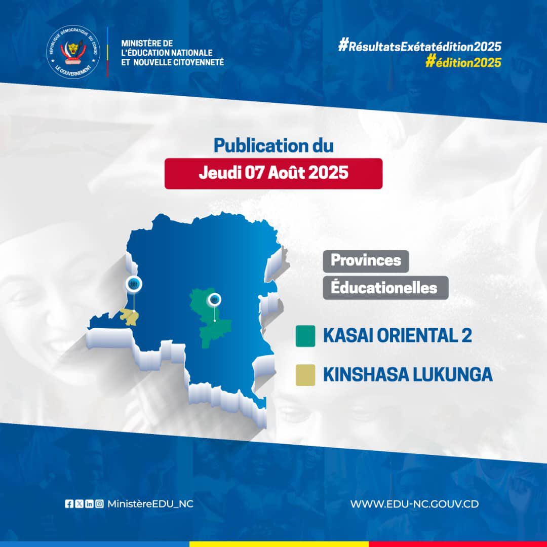 Renvtelevision's tweet photo. #RDC Les candidats Kasaï Oriental 2 et Kinshasa Lukunga peuvent consulter leurs résultats via les services SMS des opérateurs téléphoniques. Les résultats sont disponibles !
#EXETAT2025 #Résultats #ÉducationRDC #EDUNC #RDC https://t.co/0TdFWDxeKV