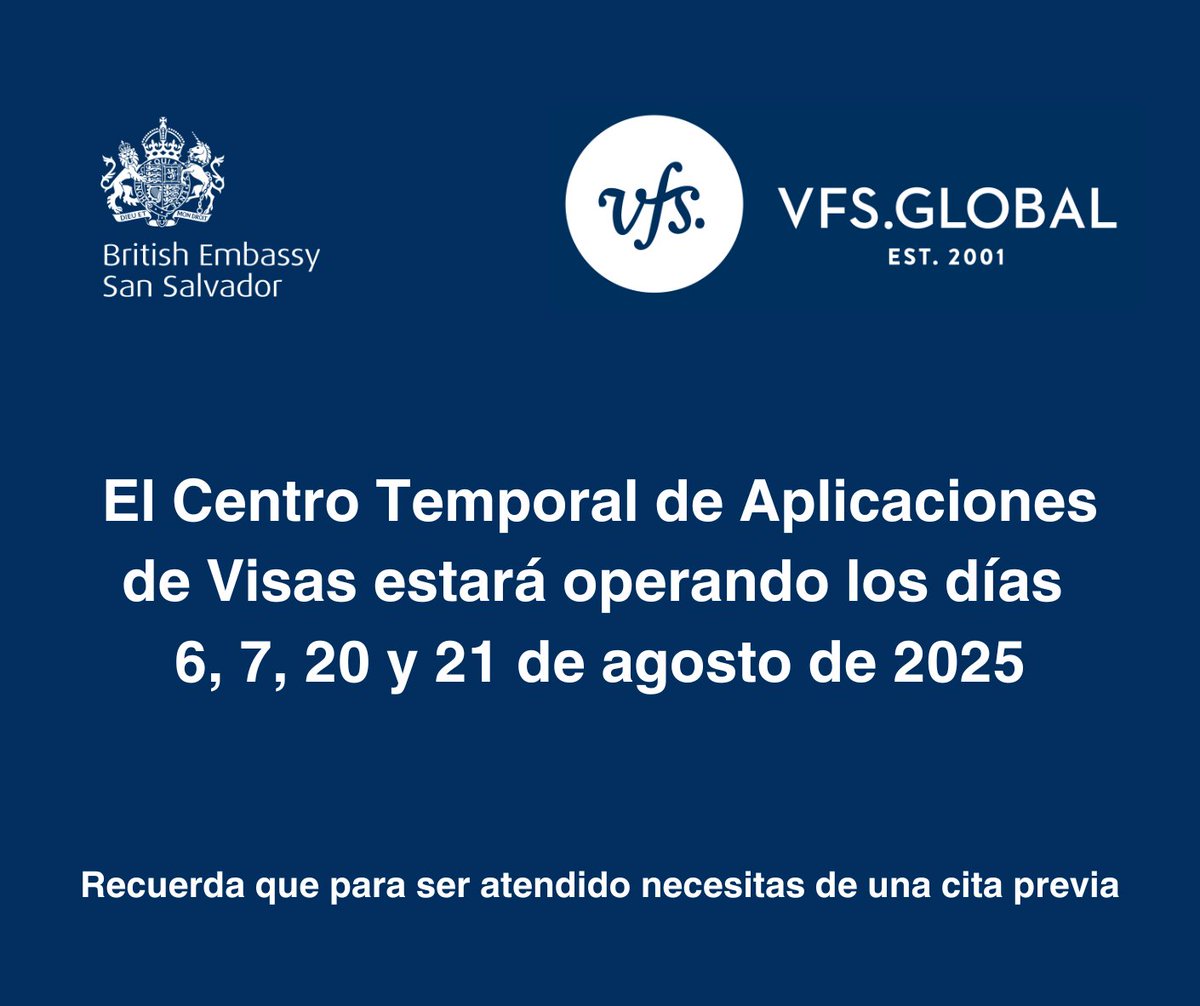 El Centro Temporal de Aplicaciones de Visas de #ReinoUnido 🇬🇧 estará operando las fechas 6, 7, 20 y 21 de agosto de 2025.

🔗visa.vfsglobal.com/slv/es/gbr/ 

📣Te recomendamos revisar tus fechas de viaje para realizar tus tramites de #visa 🇬🇧 de visitante a tiempo.