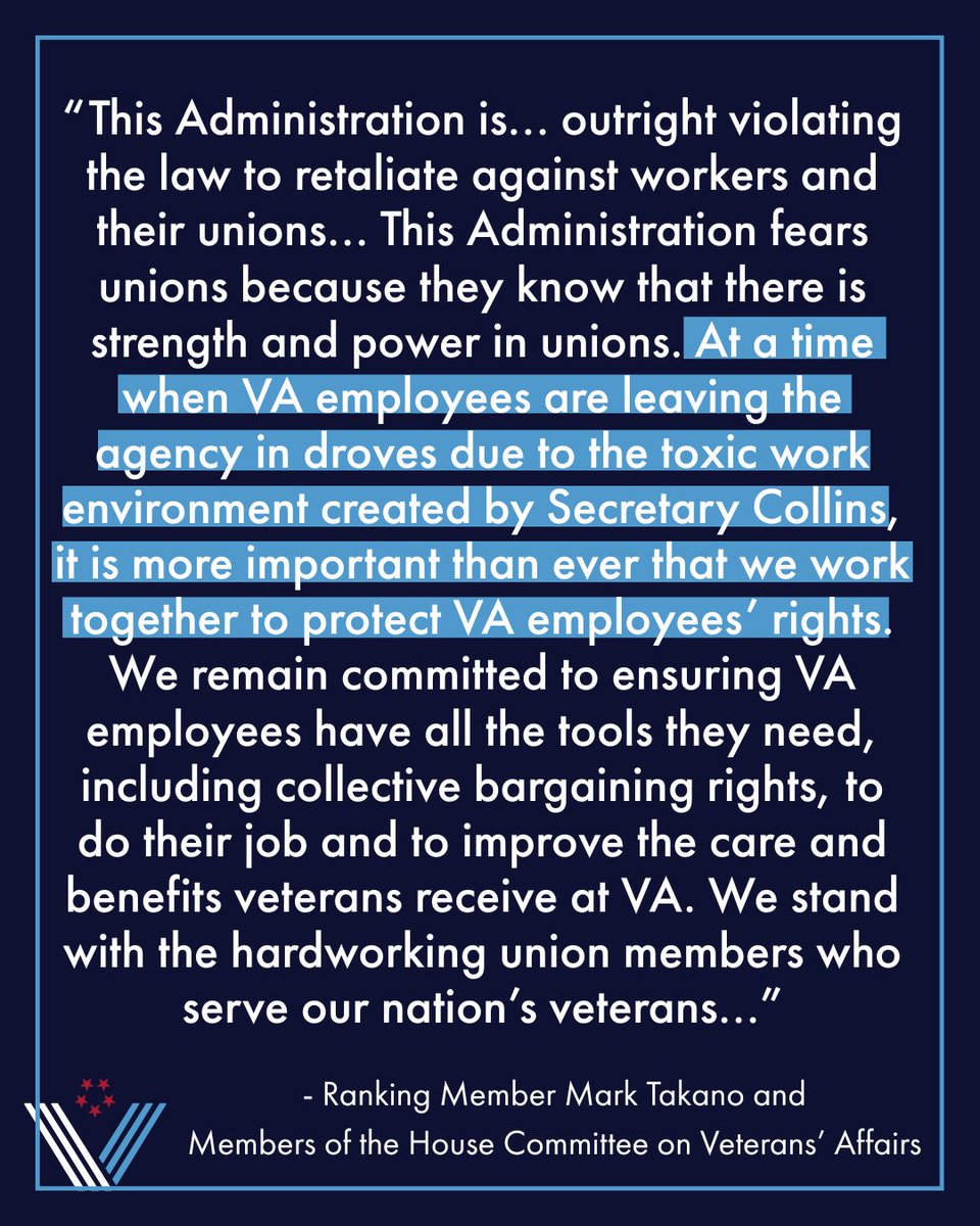 House Veterans' Affairs Democrats (@vetaffairsdems) on Twitter photo 🚨 VA just terminated collective bargaining agreements for most union employees—a direct attack on workers' rights and veterans' care.
RM <a href="/RepMarkTakano/">Mark Takano</a> and <a href="/VetAffairsDems/">House Veterans' Affairs Democrats</a> released the following statement: democrats-veterans.house.gov/news/press-rel… 🚨 VA just terminated collective bargaining agreements for most union employees—a direct attack on workers' rights and veterans' care.
RM <a href="/RepMarkTakano/">Mark Takano</a> and <a href="/VetAffairsDems/">House Veterans' Affairs Democrats</a> released the following statement: democrats-veterans.house.gov/news/press-rel…