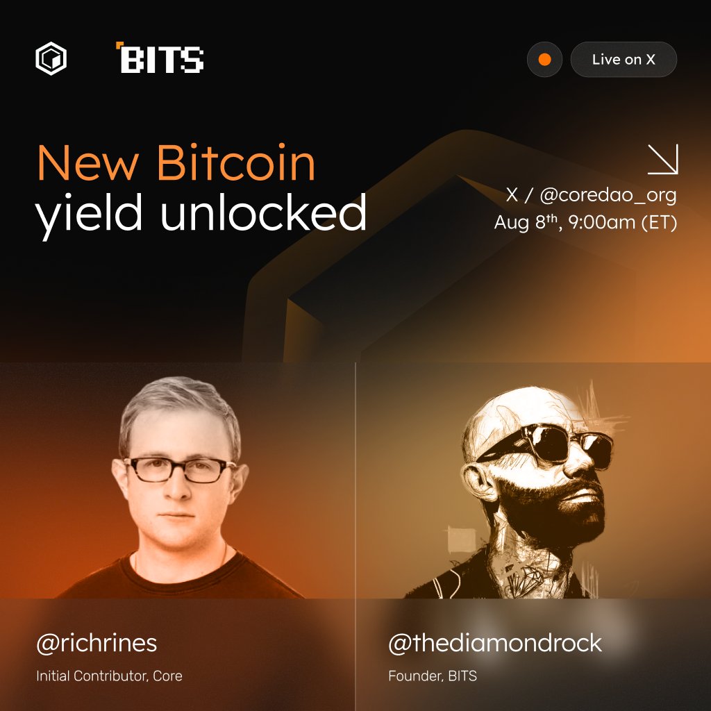 Tomorrow at 9am EST. 🎙️

Join <a href="/bits_financial/">BITS</a> founder <a href="/the_diamondrock/">Diamond Rock🔶</a> and @RichRines for a deep dive into the new Bitcoin yield primitive now live on Core.

Set your reminder below and bring your questions. 🍿
x.com/i/spaces/1MYGN…