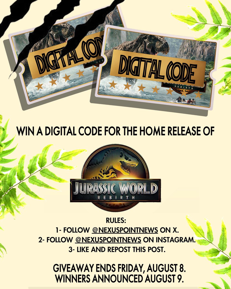 Do you want a digital code for #JurassicWolrdRebirth for free? 

Enter our giveaway by following these rules:

1. Follow <a href="/NexusPointNews/">Nexus Point News</a> on X and IG.
2. Like and repost this post.
3. Comment with your favorite Dinosaur.

This giveaway will end on Aug 8 at 11:59PM PT.
