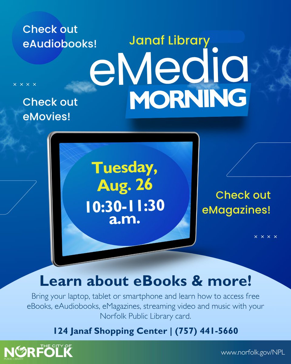 NorfolkPublicLibrary (@norfpubliclib) on Twitter photo We have an exciting line up of programs coming up soon. ๐โผ๏ธ
Swipe โก to see what kind of activities YOU can do at our branches! We have an exciting line up of programs coming up soon. ๐โผ๏ธ
Swipe โก to see what kind of activities YOU can do at our branches!