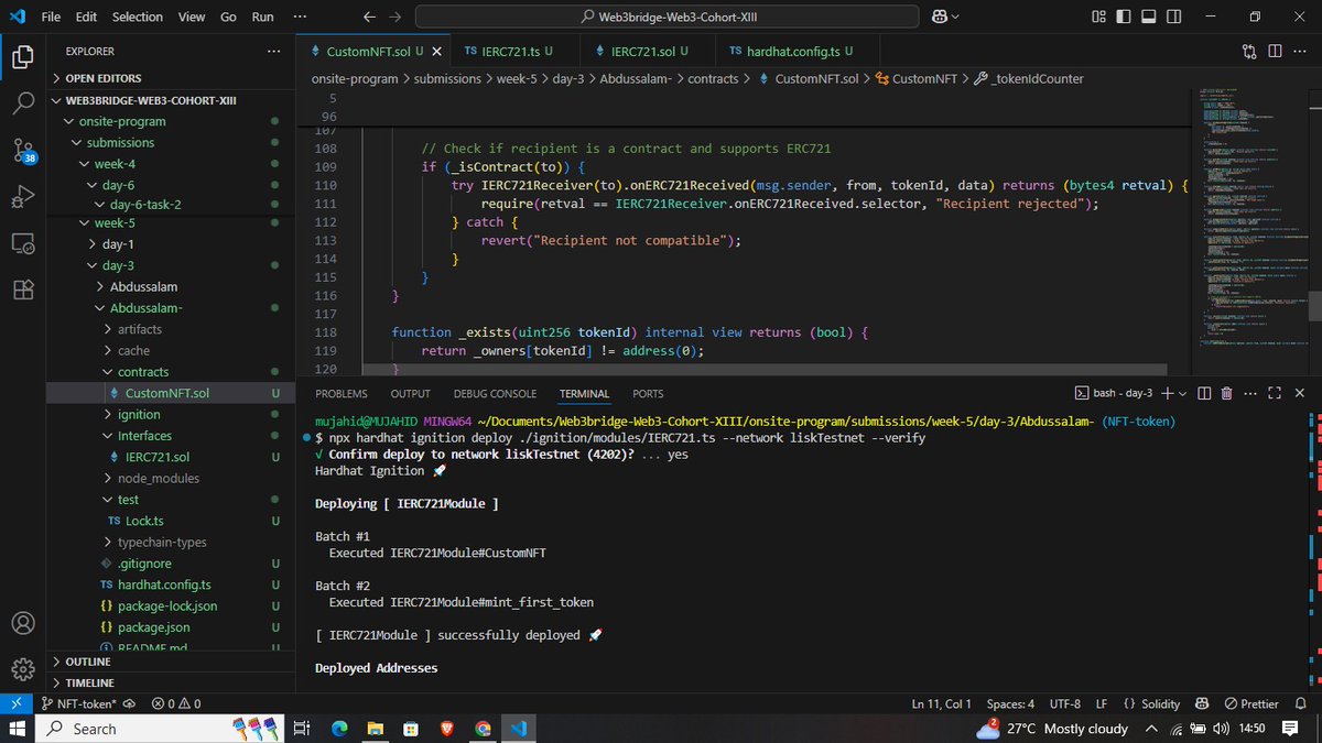 Ama_s01's tweet image. FIRST NFT DEPLOYED! 🎯 Lisk Sepolia testnet just got my debut token thanks to the incredible @web3bridge COHORT XIII program and @josh_dfg's guidance! This is just the beginning 🚀 Want to build the future? Start learning with @web3bridge today! @LiskHQ @LiskAfrica #Web3Builder