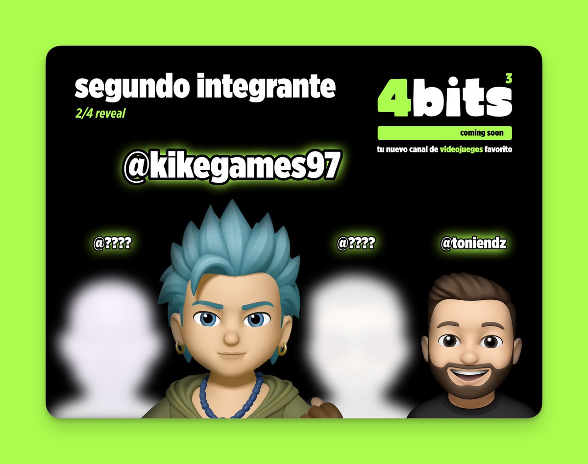 🏆 PLATINO CONSEGUIDO 🏆

Revelado <a href="/kikegames97/">kike.games🏆</a> como el segundo de los cuatro integrantes de 4Bits 🫱🏻‍🫲🏼

Aportará toda su pasión por los videojuegos hablando, analizando y transmitiendo como el sabe.

Que os parece como está quedando el equipo? 

Atentos que vienen sorpresas 🚨