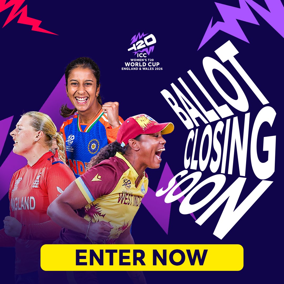 Less than one week to go until the ballot closes for the 2026 ICC Women’s T20 World Cup 🔜

Don't miss out on the best chance to secure tickets by submitting an application!

Find out more or enter now ➡️ loom.ly/Shzpdeg