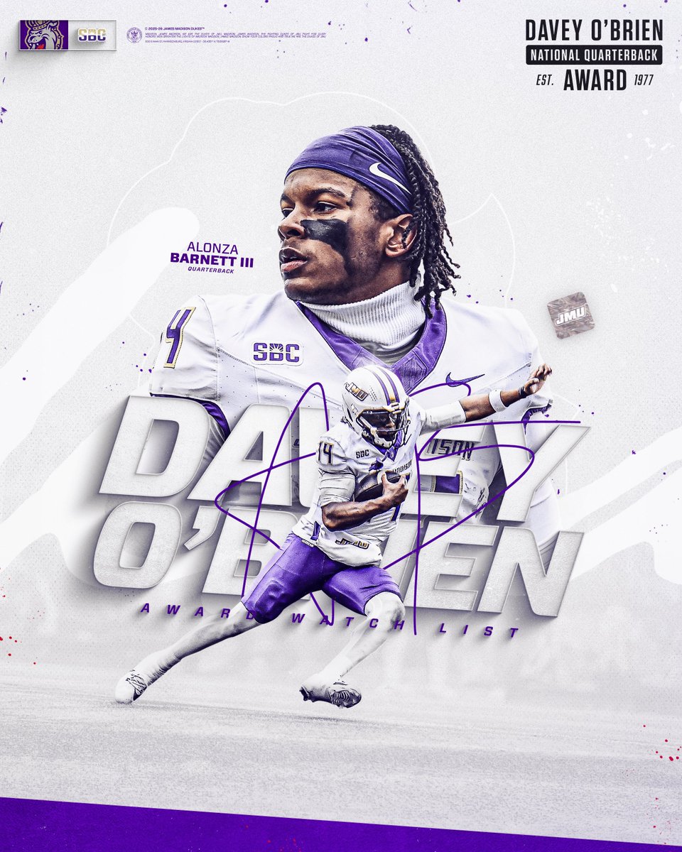 JMU Football (@jmufootball) on Twitter photo Another one on ๐ for No. 14 
He's got a spot on the <a href="/daveyobrien/">Davey O'Brien National Quarterback Award</a> Award Preseason Watch List ๐ซก
๐ฐ tinyurl.com/2bcd8hax Another one on ๐ for No. 14 
He's got a spot on the <a href="/daveyobrien/">Davey O'Brien National Quarterback Award</a> Award Preseason Watch List ๐ซก
๐ฐ tinyurl.com/2bcd8hax