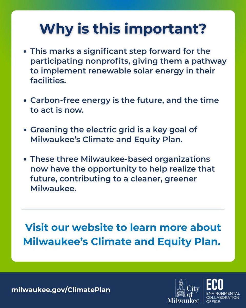 Congrats to the Milwaukee winners of RENEW Wisconsin's Spring 2025 #Solar for Good Grant Award! This is a win for renewable, solar energy and will further us in our mission to fulfilling Milwaukee's Climate and Equity plan which you can read about at milwaukee.gov/ClimatePlan.