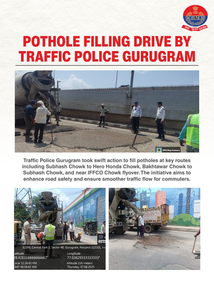 Gurugram Traffic Police has begun a 🛠️ pothole-filling drive at major hotspots:
📍 Hero Honda Chowk
📍 Subhash Chowk
📍 IFFCO Flyover

A big step towards safer &amp; smoother roads for all! 
#Gurugram #Traffic #Police  #PotholeRepair  #RoadSafety  #TrafficUpdate
