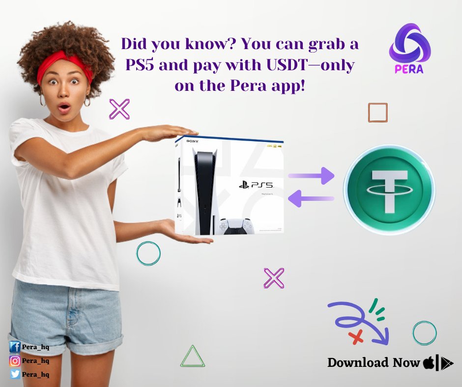 Pera_hq's tweet image. Did you know you can buy PS5 and pay with USDT in the Pera app?
#pera #tradeatease #usdt #ps5 #perashop