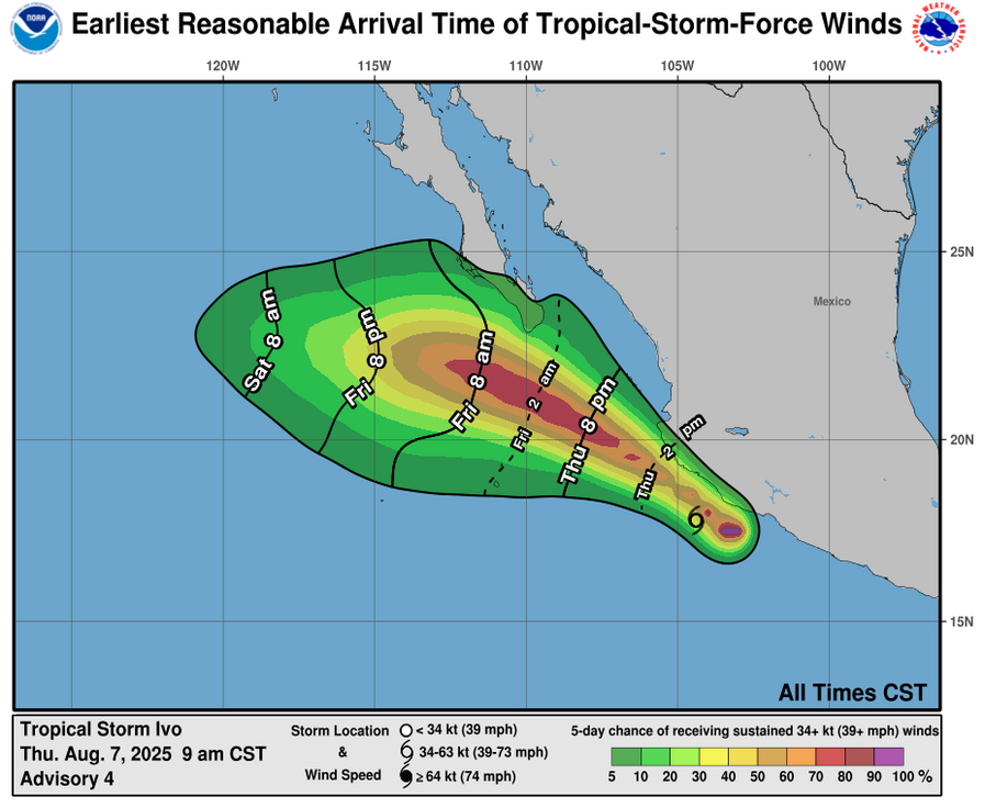 webcamsdemexico's tweet photo. 🔴 Actualización.
🌀 La #TormentaTropical #Ivo en el #Pacífico, ocasionará lluvias muy fuertes a puntuales intensas, vientos fuertes y oleaje elevado en estados del occidente y sur del territorio mexicano.. 🌬️🌊
Se localiza a 115 km al oeste-suroeste de #PuntaSanTelmo, #Mich., y a 805 km al sureste de #CaboSanLucas, #BCS., con vientos máximos sostenidos de 75 km/h y rachas de 95 km/h.
Se desplaza al oeste-noroeste a 39 km/h.
🚨 Podría convertirse en #Huracán #Categoría1.