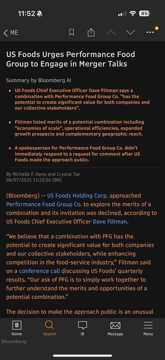 Michelle F. Davis (@michellef_davis) on Twitter photo New: US Foods went public with its interest in a combination with Performance Food Group today but says PFG isn't engaging. The CEO's comments confirm <a href="/BloombergDeals/">Bloomberg Deals</a>’s scoop from last month about $USFD's desire to combine the food distribution cos thru a $30+ billion deal $PFGC New: US Foods went public with its interest in a combination with Performance Food Group today but says PFG isn't engaging. The CEO's comments confirm <a href="/BloombergDeals/">Bloomberg Deals</a>’s scoop from last month about $USFD's desire to combine the food distribution cos thru a $30+ billion deal $PFGC
