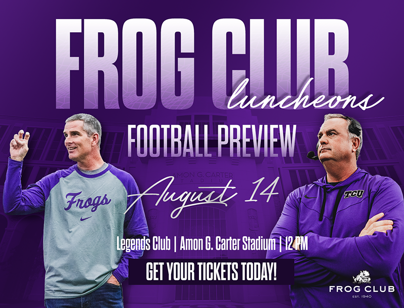 TCU Frog Club (@tcufrogclub) on Twitter photo ONE WEEK OUT!
The first TCU Luncheon is almost here—and seats are going fast. Hear from <a href="/CoachSonnyDykes/">Sonny Dykes</a> and <a href="/Buddie52/">Mike Buddie</a> as we kick off the 2025 season in true Horned Frog fashion. 🐸💥
🎟️Get your tickets before it fills up: gofrogs.evenue.net/list/FC ONE WEEK OUT!
The first TCU Luncheon is almost here—and seats are going fast. Hear from <a href="/CoachSonnyDykes/">Sonny Dykes</a> and <a href="/Buddie52/">Mike Buddie</a> as we kick off the 2025 season in true Horned Frog fashion. 🐸💥
🎟️Get your tickets before it fills up: gofrogs.evenue.net/list/FC