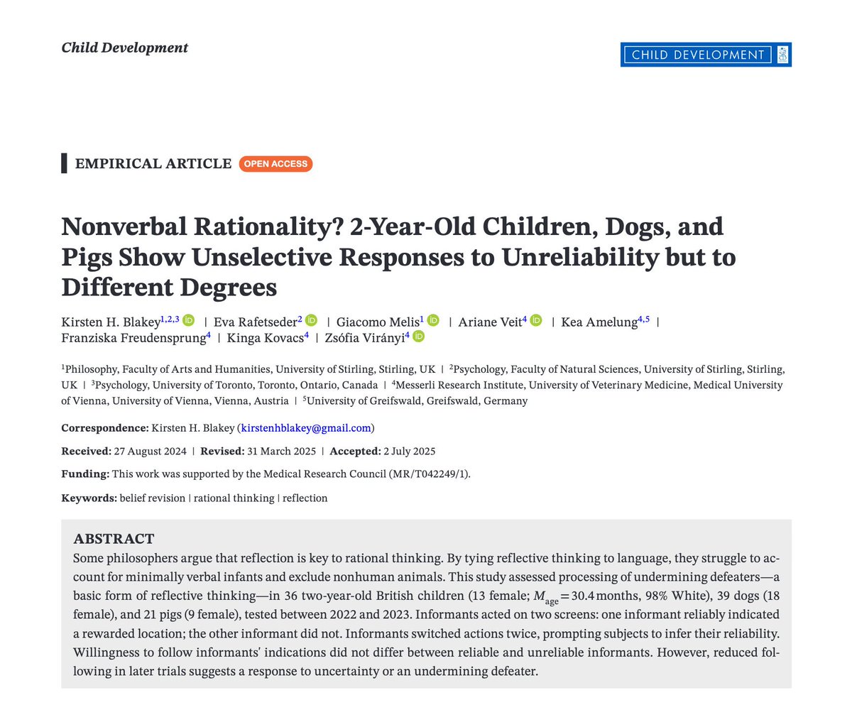 🚨NEW PAPER 🚨 

Nonverbal rationality? 2-year-old children, dogs, and pigs show unselective responses to unreliability but to different degrees

Open access here: doi.org/10.1111/cdev.7…