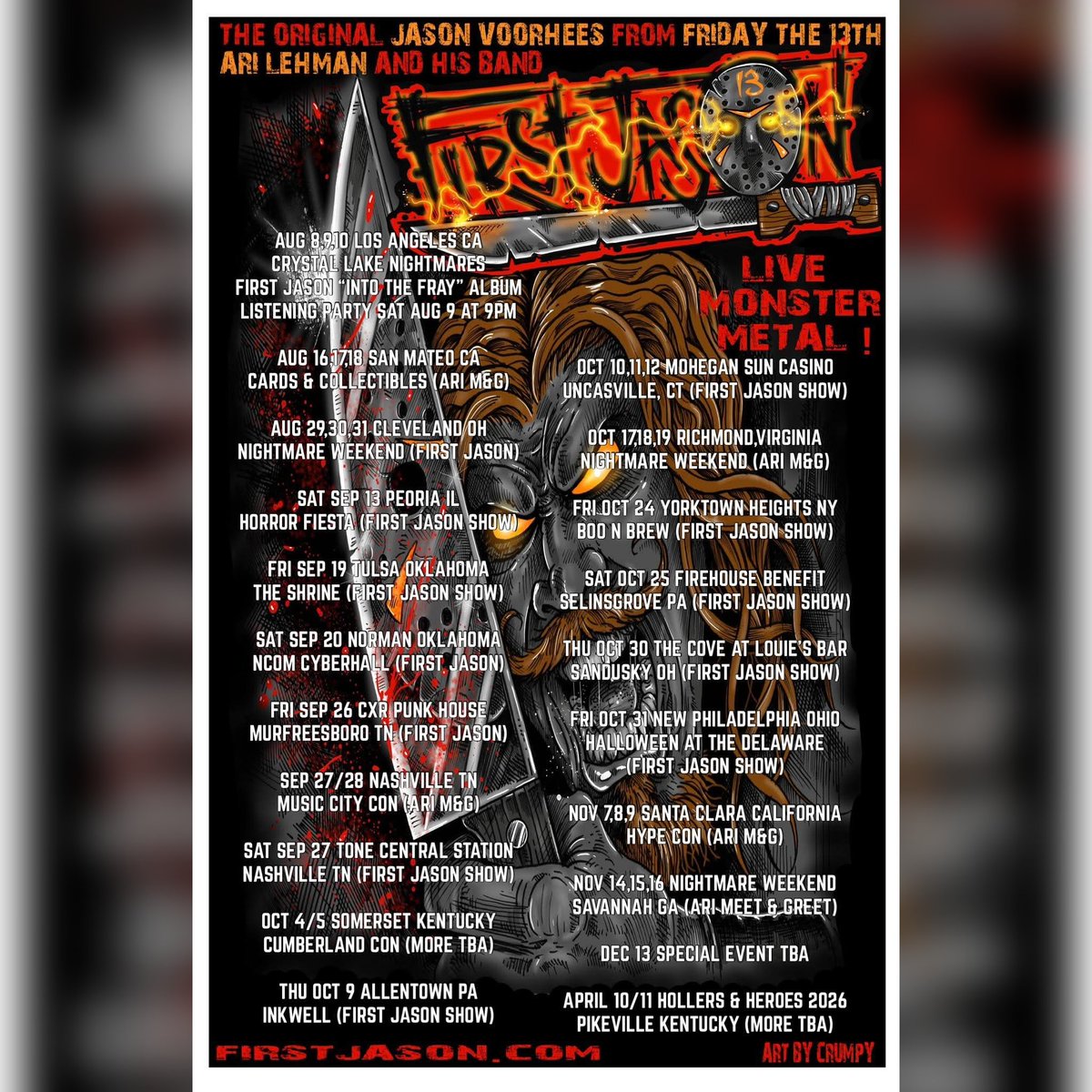 HardcoreOkieBoy's tweet image. MEET ARI LEHMAN THE OG JASON FROM “FRIDAY THE 13TH” &amp;amp; SEE HIS BAND FIRST JASON LIVE ONSTAGE AT NCOM SEPTEMBER 20TH!!!

#horror #firstjason #horrormovies #voorhees #arilehman #meetandgreet #signing #jason #jasonneverdies #oklahoma #normanoklahoma #livemusic #punk #metal