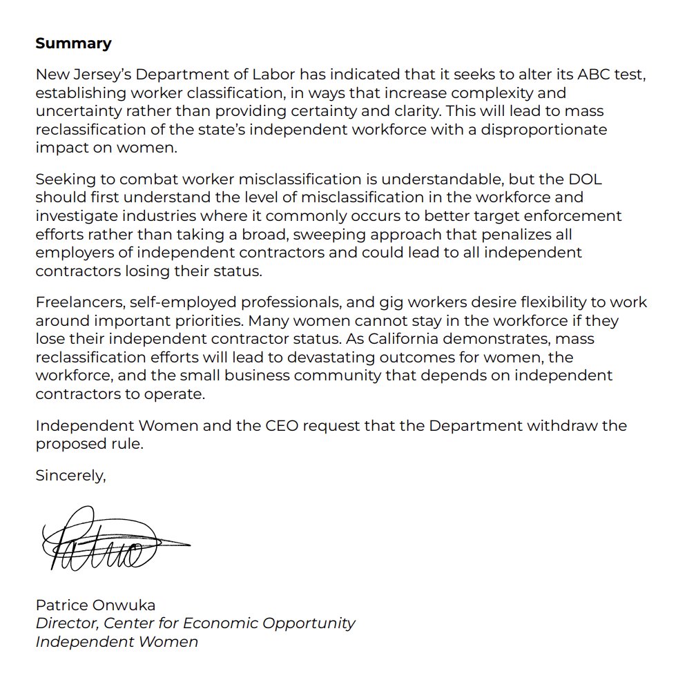 Independent Women's Forum (@iwf) on Twitter photo 🚨 New Jersey is poised to kill flexible work for 1.7M freelancers.
These new rules mimic California’s disastrous law that destroyed livelihoods & killed jobs.
<a href="/IWF/">Independent Women's Forum</a> is fighting back & urging the state to withdraw the proposal. Read more: iwf.org/2025/08/06/new… 🚨 New Jersey is poised to kill flexible work for 1.7M freelancers.
These new rules mimic California’s disastrous law that destroyed livelihoods & killed jobs.
<a href="/IWF/">Independent Women's Forum</a> is fighting back & urging the state to withdraw the proposal. Read more: iwf.org/2025/08/06/new…