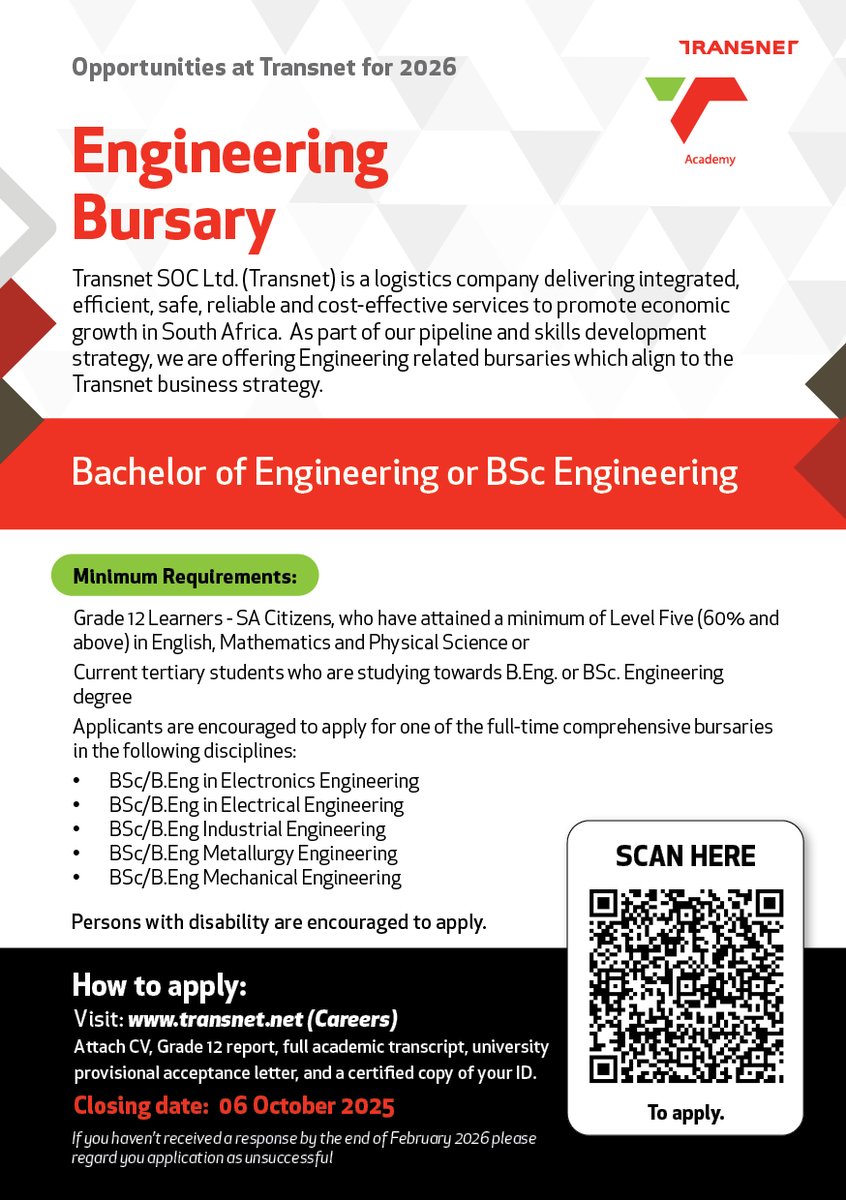 [Bursaries] Transnet is pleased to announce that applications for Engineering and Special Commercial Bursaries are now open! If you’re a driven and forward-thinking student ready to build your future, this is your opportunity to be part of shaping the backbone of South Africa’s