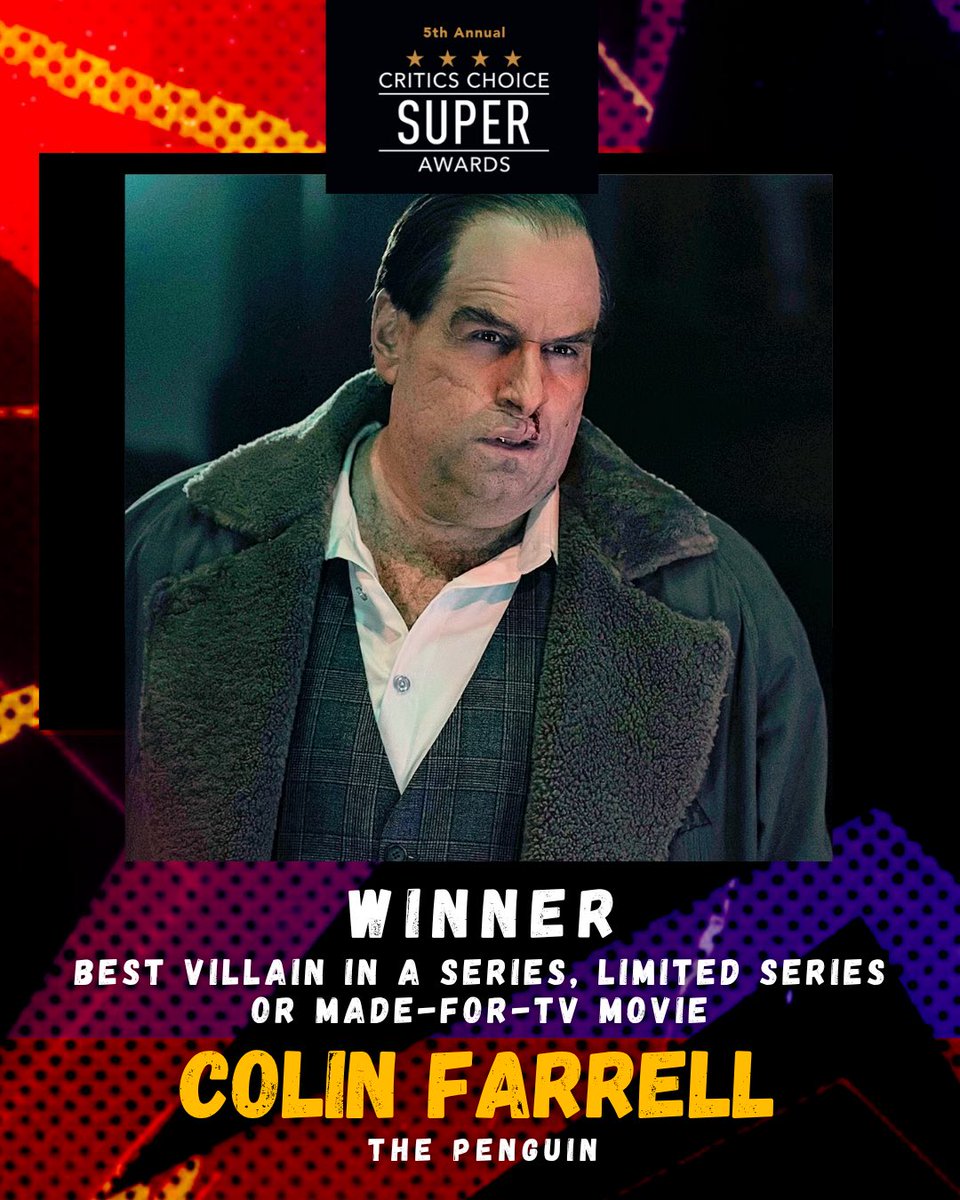 Congratulations to Colin Farrell – The Penguin! Farrell has won the Critics Choice Super Award for BEST VILLAIN IN A SERIES, LIMITED SERIES OR MADE-FOR-TV MOVIE! ⭐️⭐️⭐️⭐️

#ColinFarrell #ThePenguin #CCSuperAwards #CriticsChoice