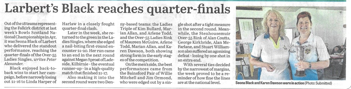Thanks to the <a href="/falkirk_herald/">The Falkirk Herald</a> for their article about our district bowlers at the recent <a href="/BowlsScotland/">Bowls Scotland</a> national finals on page 69 of this week's edition.