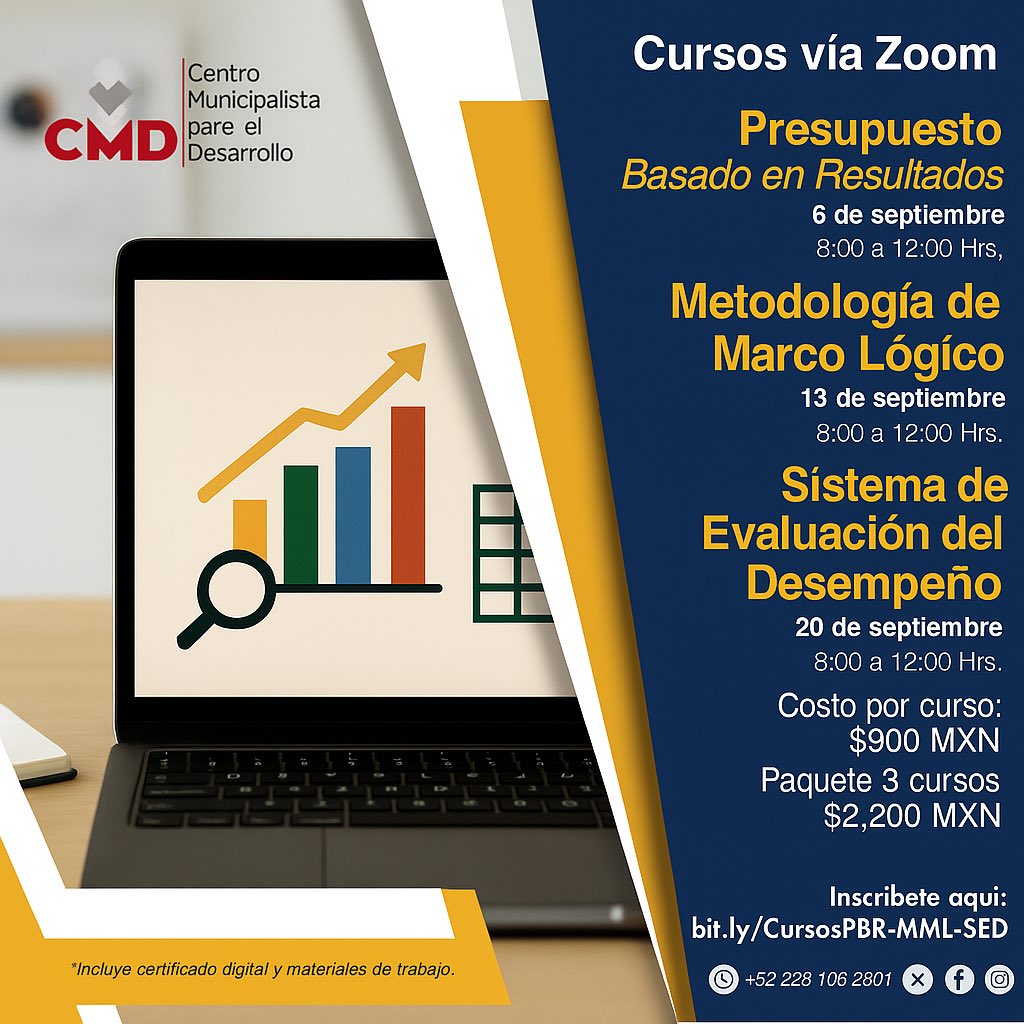 📊 Trilogía de cursos clave para gobiernos eficientes:
🔹 Presupuesto Basado en Resultados (6 sep)
🔹 Marco Lógico (13 sep)
🔹 Evaluación del Desempeño (20 sep)
📍 Vía Zoom | 🎓 Incluye certificado
👉 Inscríbete: bit.ly/CursosPBR-MML-…
#Municipalismo #Capacitación