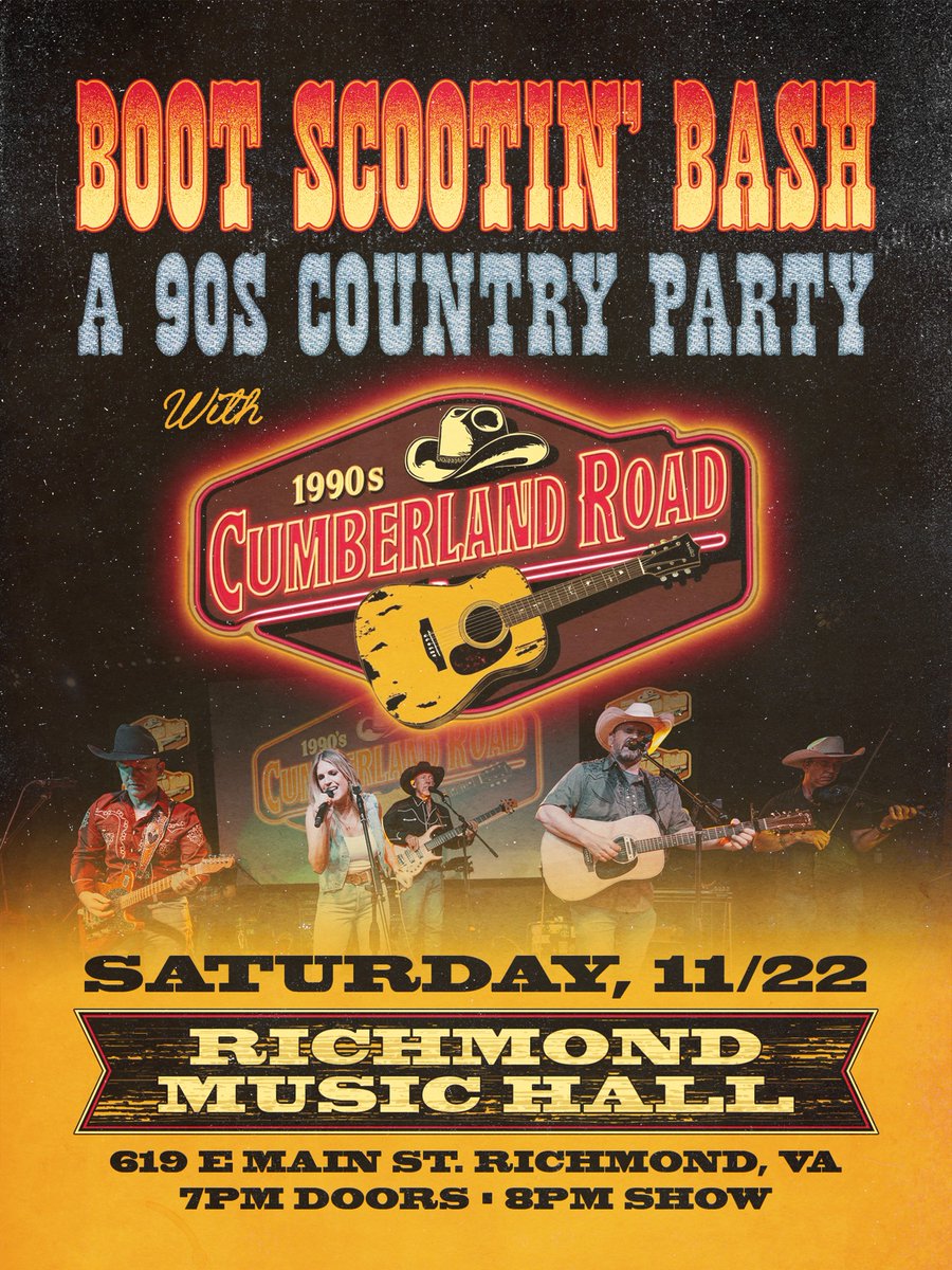 Just announced + on sale! 🤠BOOT SCOOTIN' BASH: A 90's Country Party with Cumberland Road at Richmond Music Hall November 22nd. Put on your dancing boots + pick up tickets in our link in bio or @plan9music 🎟️ 🕺