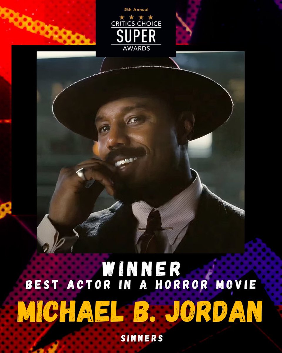 CriticsChoice's tweet image. Congratulations to Michael B. Jordan – Sinners! Jordan has won the Critics Choice Super Award for BEST ACTOR IN A HORROR MOVIE! ⭐⭐⭐⭐

#MichaelBJordan #Sinners #CCSuperAwards #CriticsChoice