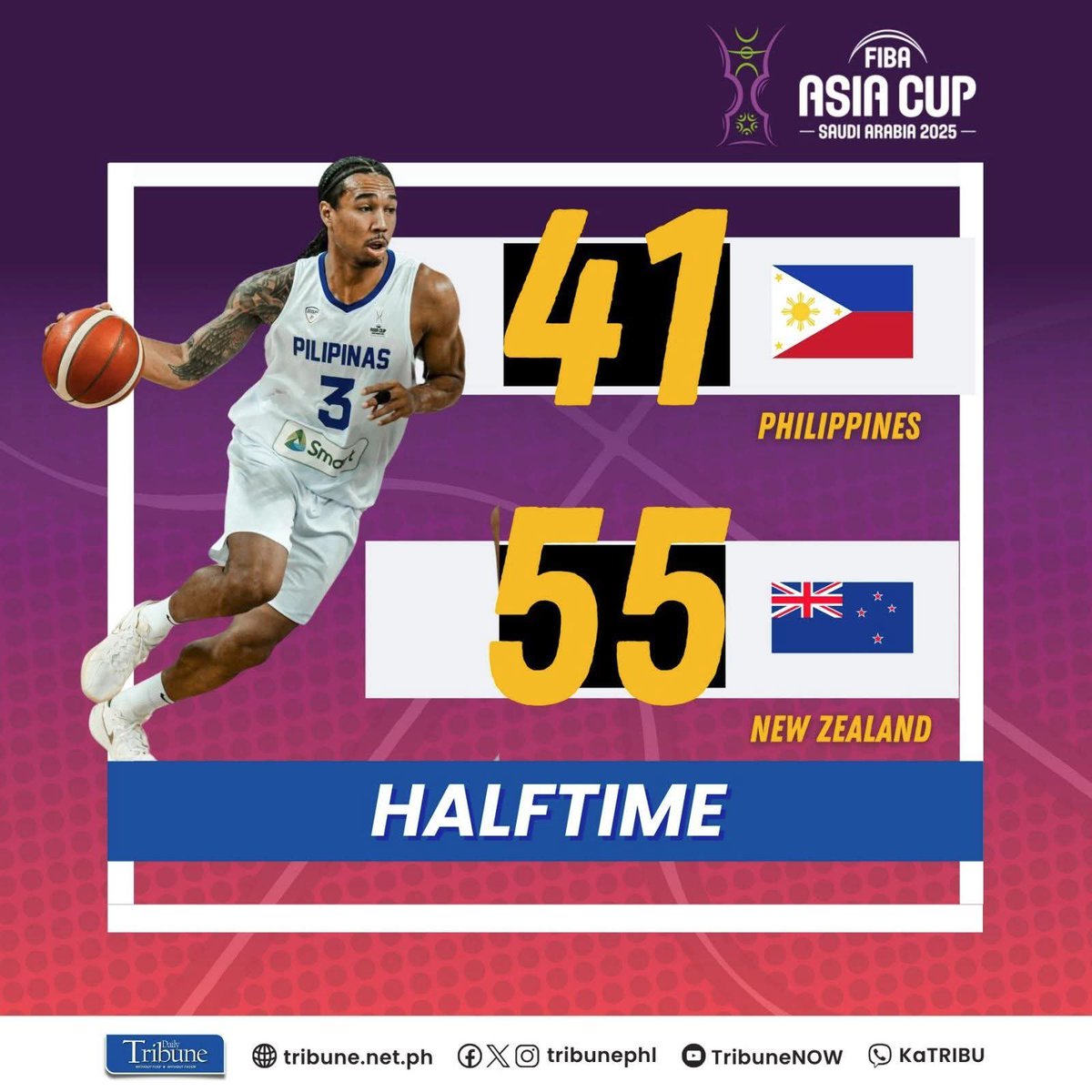 GULF WIDENS AT HALFTIME

JUST IN: New Zealand now leads Gilas 55-41 at halftime in the second group game at the FIBA Asia Cup in Saudi Arabia. Justin Brownlee leads with 19 points. | Ivan Suing

#dailytribune25 #DailyTribune #FIBAAsiaCup #GilasPilipinas