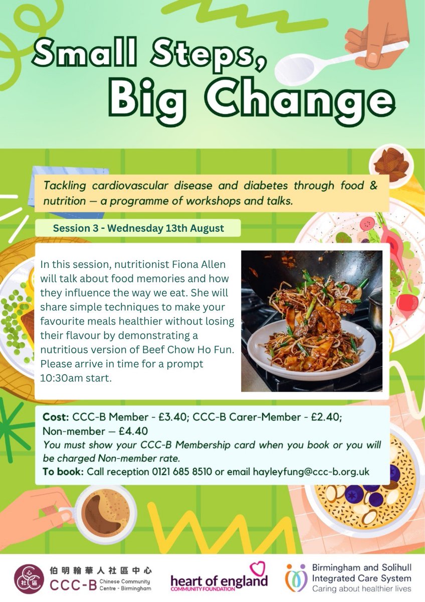 Chinese Birmingham (@chinesebham) on Twitter photo Nutritionist Fiona Allen will cook a healthy version of beef ho fun at next week's nutrition workshop.
We are closed to the public on Fridays but you can book a place by email: service@ccc-b.org.uk. If you don't have email, call Monday or Tuesday 0121 685 8510.
Pls share 🙏🏻 Nutritionist Fiona Allen will cook a healthy version of beef ho fun at next week's nutrition workshop.
We are closed to the public on Fridays but you can book a place by email: service@ccc-b.org.uk. If you don't have email, call Monday or Tuesday 0121 685 8510.
Pls share 🙏🏻