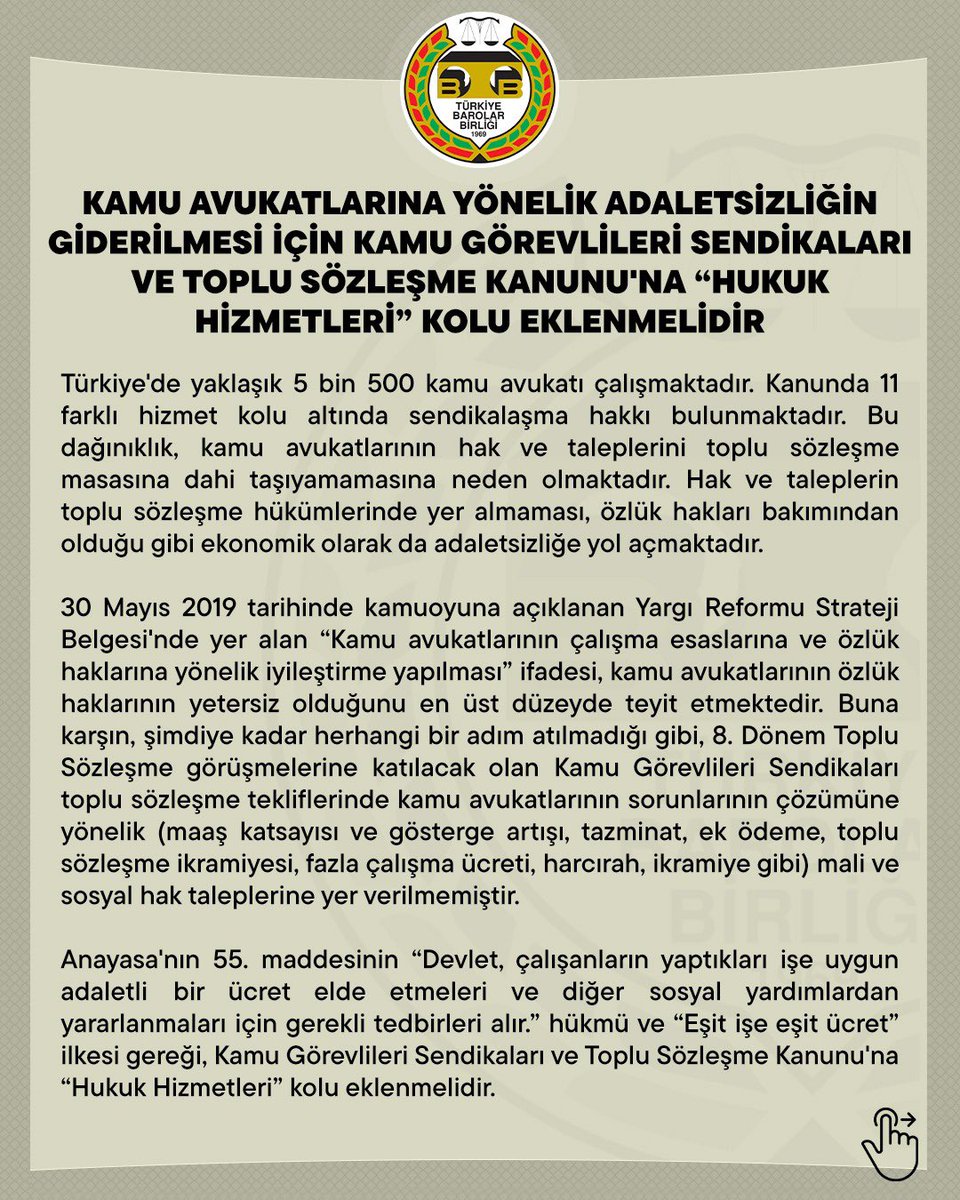 barolar's tweet photo. Kamu Avukatlarına Yönelik Adaletsizliğin Giderilmesi İçin Kamu Görevlileri Sendikaları ve Toplu Sözleşme Kanunu'na “Hukuk Hizmetleri” Kolu Eklenmelidir

👉 https://t.co/EPdGLuOikt https://t.co/e4C5r2TcqM