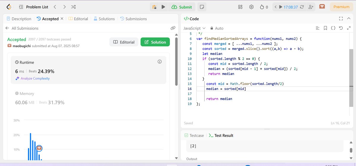 maobugi_high's tweet image. median of two sorted arrays #LeetCode #programminglife