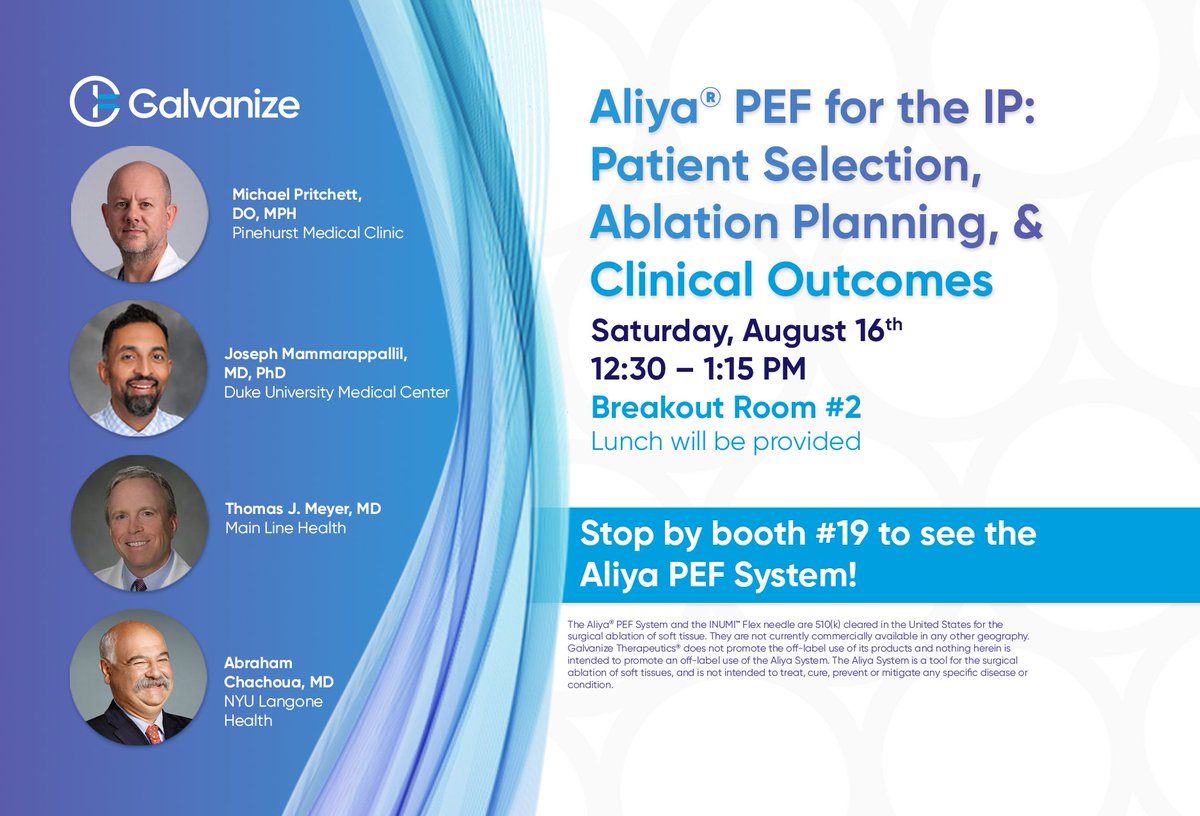 Join us at AABIP 2025 for an engaging lunchtime symposium featuring key opinion leaders discussing the Aliya® Pulsed Electric Field (PEF) ablation system and its clinical applications.

Saturday, August 16 12:30 PM – 1:15 PM
📍 Breakout Room #2
🍽️ Lunch will be provided
Speakers