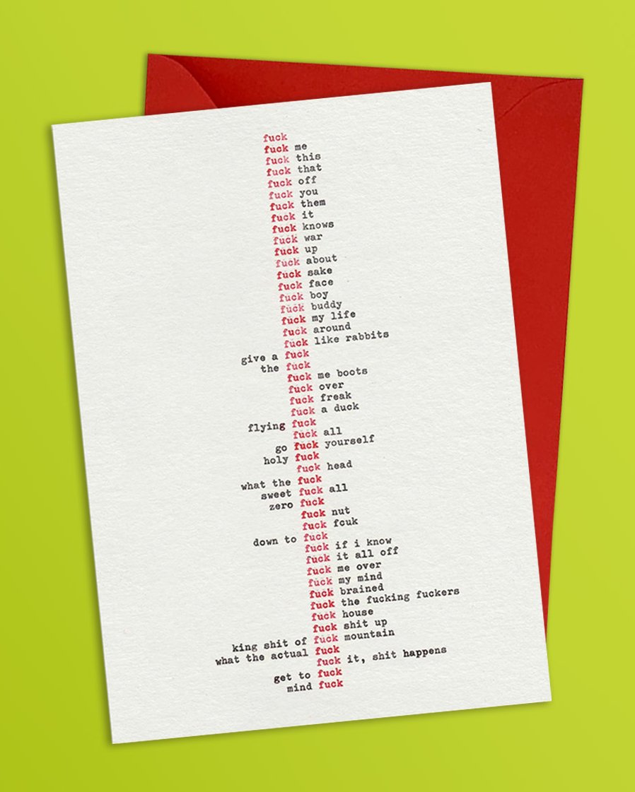 Who says swearing isn’t an art form?

One word. Endless options!  @haydenkays

brainboxcandy.com/funny-birthday…
 
#HaydenKays
#swearingiscaring
#funnycards