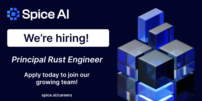 spice_ai's tweet photo. Spice AI is hiring Principal Rust Software Engineers (Search and Database Engines)! https://t.co/GA23HSWDWj