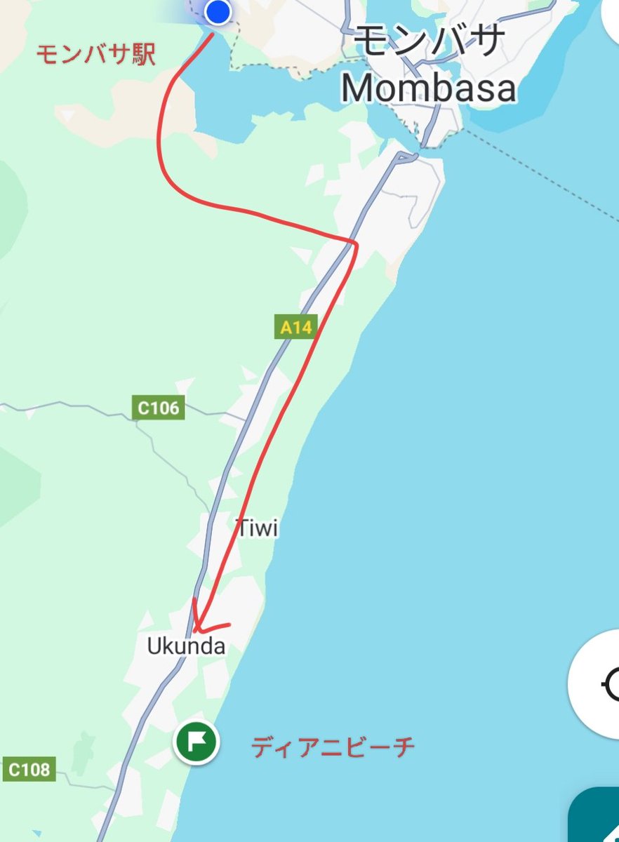 exitworker's tweet image. モンバサは南部の方が海が綺麗と聞いたのでディアニビーチに滞在。モンバサ駅からukundaという街までマタツ（ミニバス）で30分ちょい500ks（570円）。そこからトゥクトゥクに乗り換えて10分くらい200ks（230円）で到着。客引きがたくさんいるので乗り換えはスムーズにいける。#アフリカ縦断　#ケニア