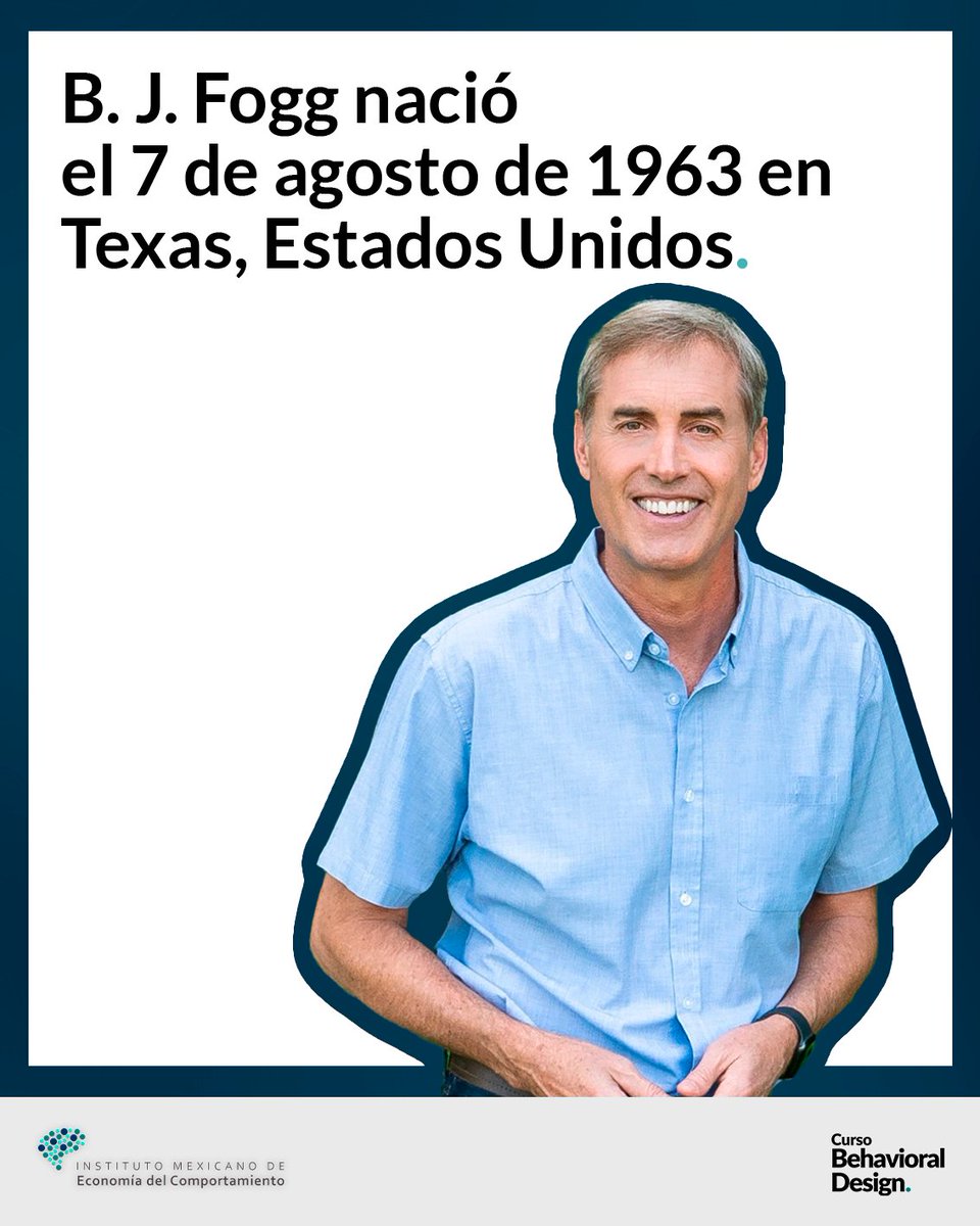 ecomportamiento's tweet image. 🎉 ¡Feliz cumpleaños, B. J. Fogg! 🎂

Hoy celebramos a uno de los grandes pioneros en el estudio del comportamiento humano. B. J. Fogg.

📢 Su enfoque ha sido clave para miles de personas, organizaciones y productos que buscan generar cambios reales.

#BJFogg #BehavioralDesign