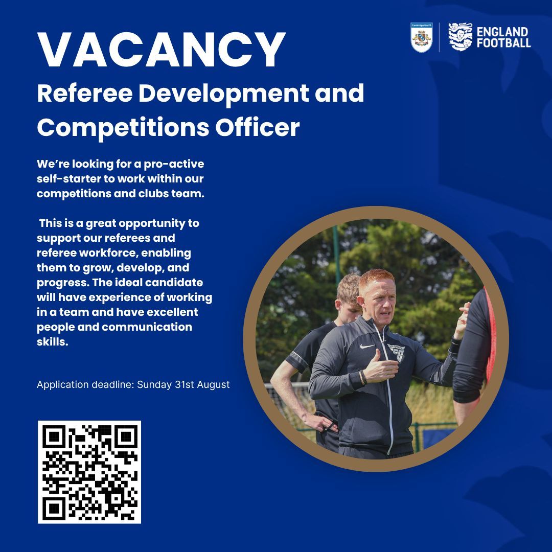 𝙑𝘼𝘾𝘼𝙉𝘾𝙔

We're looking for a Referee Development and Competitions Officer to join our team. 👥

Apply here ➡️ buff.ly/hRFgwAA 

#JobsInFootball #Referee #Cambridgeshire