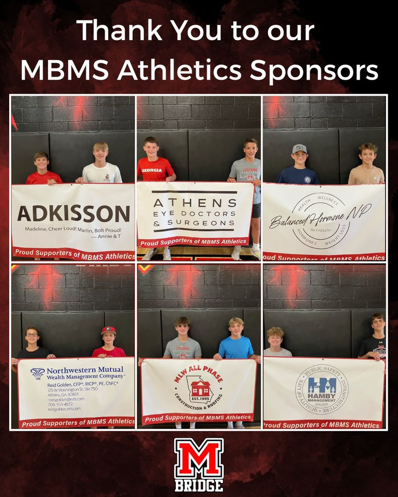 A huge THANK YOU to our MBMS Athletics sponsors for the 2025–2026 school year! Your support helps our student-athletes shine on and off the field. We’re grateful for your partnership and commitment to MBMS Athletics! ⚡ #BoltPride