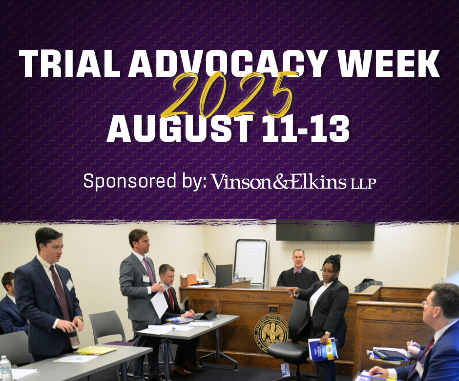 LSULawCenter (@lsulawcenter) on Twitter photo Our Trial Advocacy Program starts next week! Each year, legal experts from across the nation lead rising third-year law students in intensive “learning by doing” sessions.
Special thank you to <a href="/VinsonandElkins/">Vinson & Elkins</a> for sponsoring our Trial Advocacy Program every year! Our Trial Advocacy Program starts next week! Each year, legal experts from across the nation lead rising third-year law students in intensive “learning by doing” sessions.
Special thank you to <a href="/VinsonandElkins/">Vinson & Elkins</a> for sponsoring our Trial Advocacy Program every year!