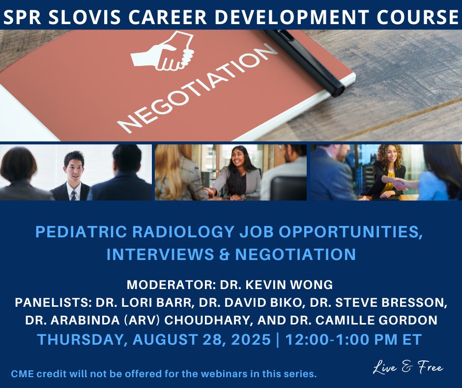 Please join <a href="/SocPedRad/">The Society for Pediatric Radiology</a> for its August Slovis Course webinar, where the moderator and panelists will share their insight about Pediatric Radiology Job Opportunities, Interviews &amp; Negotiation. Online &amp; FREE! Register: bit.ly/45um5yD. Join us!
