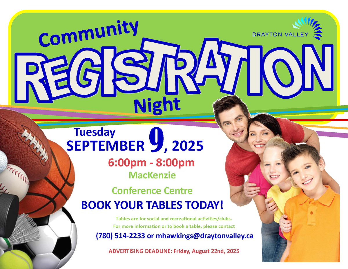 Book your table by August 22 for the fall Community Registration Night! Contact Madison at 780.514.2233 or mhawkings@draytonvalley.ca for more information.