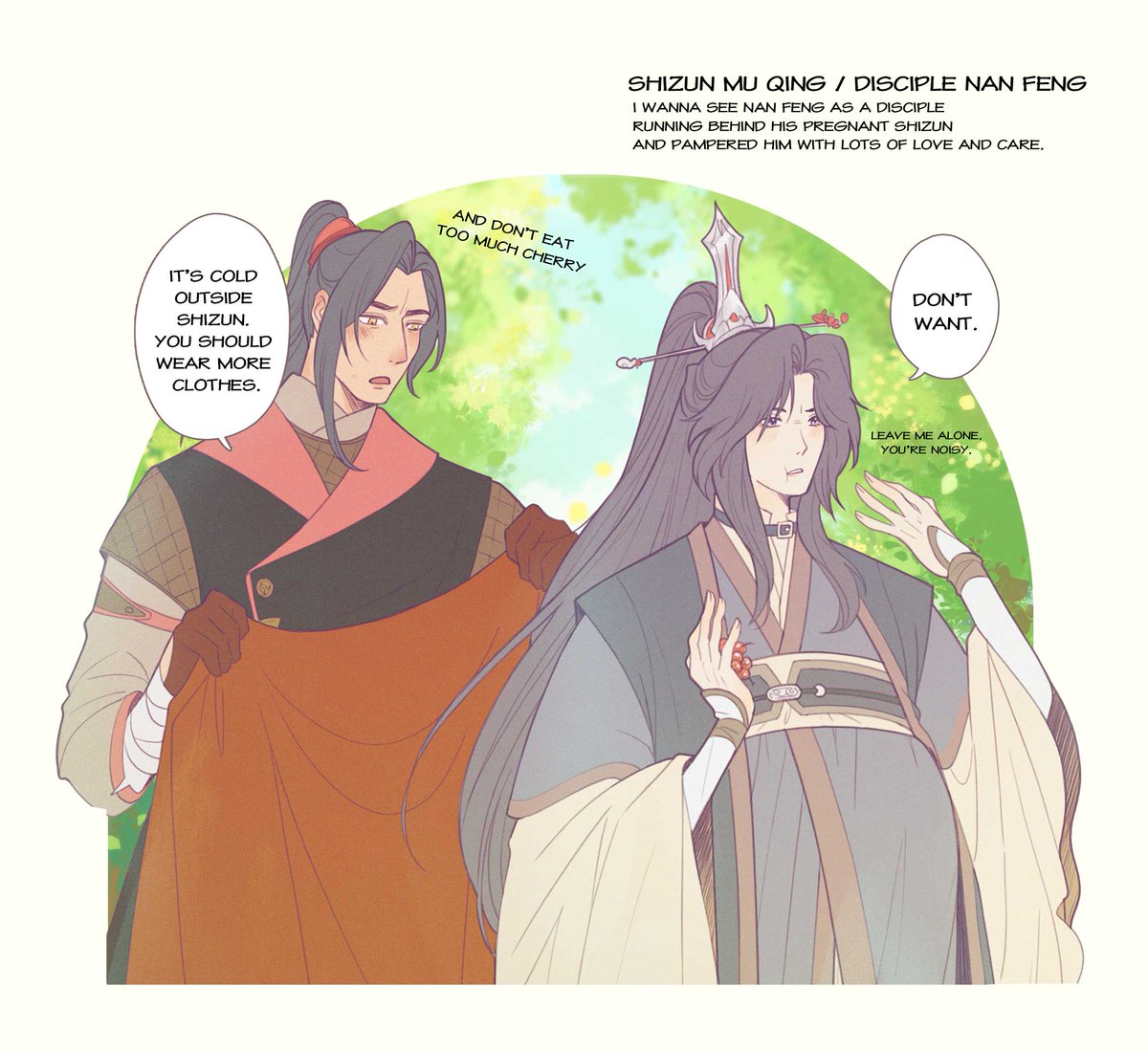 I've stumbled on some twt talking about disciple Nan Feng and his pregnant shizun Mu Qing but I've lost it 🥲 hopefully my art can reach them 🙏🙏 cause that idea is peak af 🙏