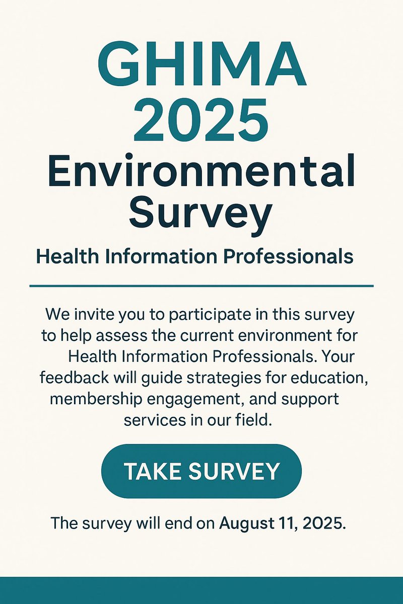 GeorgiaHIMA's tweet image. Have you taken the GHIMA 2025 Environmental Survey? 📝
Your feedback helps shape the future of HIM in Georgia.
📆 Survey closes August 11!
🔗 surveygizmo.com/s3/8392383/GHI…
#GHIMA #HIMCommunity #GHIMA25