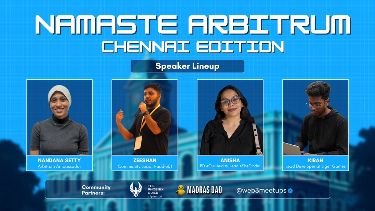 Speaker Lineup – Namaste Arbitrum Meetups: Chennai Edition

We’re kicking off the very first Arbitrum Meetup in Chennai – bringing together builders, learners, and contributors from the ecosystem!

📅 August 8
⏰ 6:30–8:30 PM
🔗 lu.ma/imeu5z06

 SPEAKER LINEUP
🔹