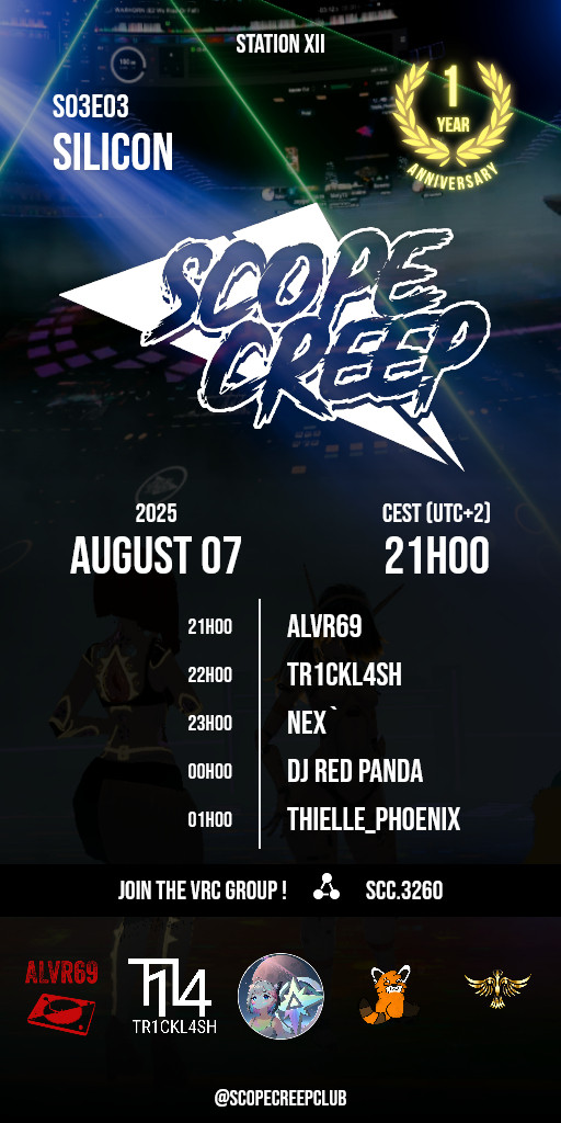 Fastolph's tweet image. Starting in 3 hours (obvs at time of posting), we'll celebrate one year of Scope Creepin'

Come hang out!
Vibe to the music!
Ask us how it started!
Ask us why the club is named like that!

Group+ instance: vrc.group/SCC.3260

#VRChat